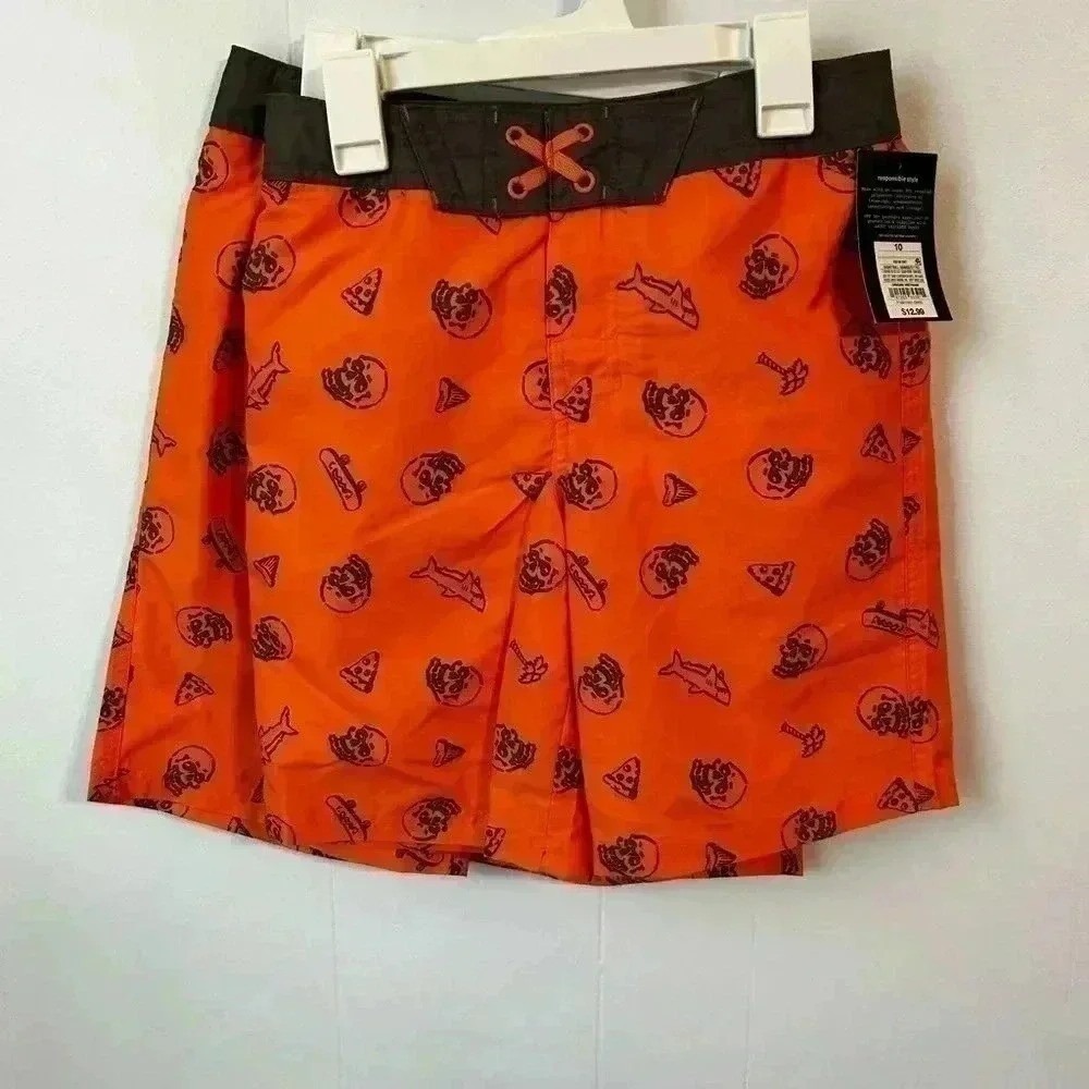 Cat & Jack Boys Orange Skull Shark Pizza Board Shorts Swim Trunks Size 10/12 NEW